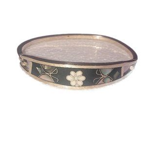 VTG Taxco Abalone Inlay Sterling Bangle Bracelet Floral Flower Butterfly 6.5”